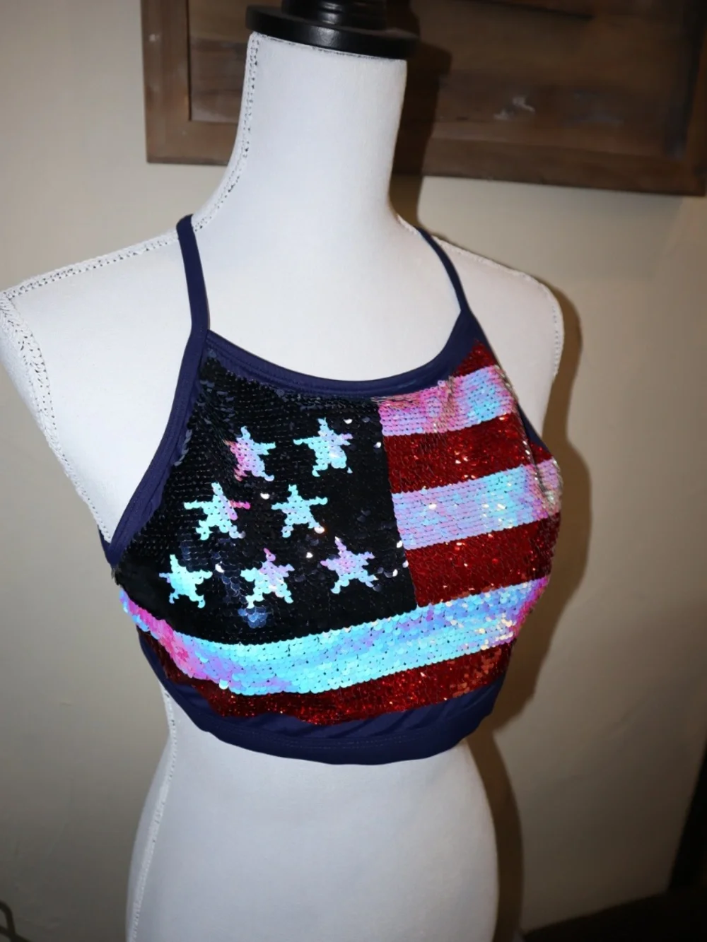 Justice Kid's Size 20 plus American Flag Flip Sequins Swim Top Red/White/Blue